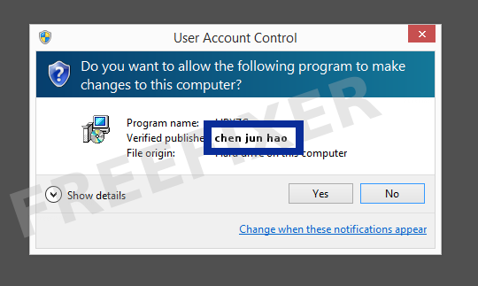 Screenshot where chen jun hao appears as the verified publisher in the UAC dialog